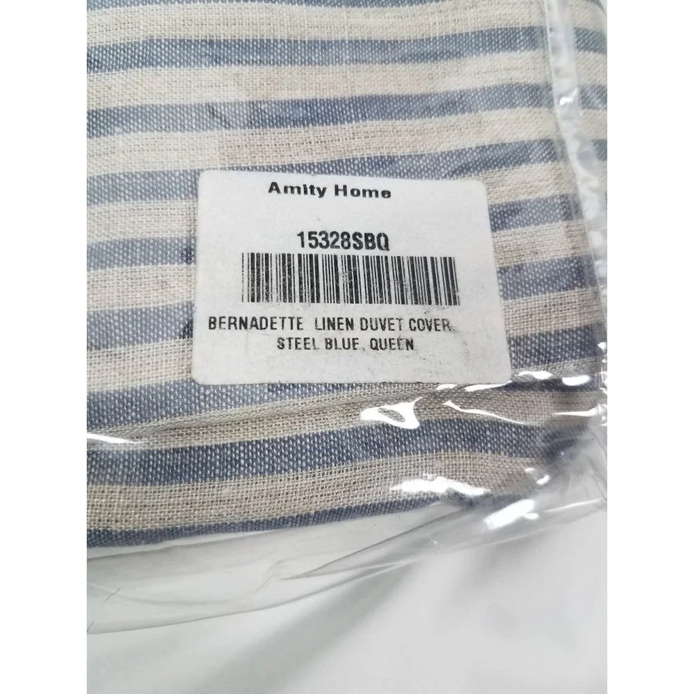Amity Home Queen Bernadette Stripe Linen Duvet Cover In Steel Blue NWT